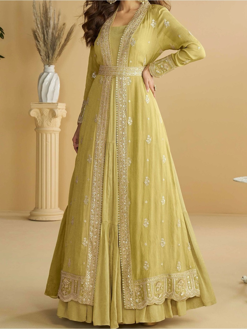 Women’s Olive Green Embroidered Anarkali Gown Jacket Belt Indian Formal